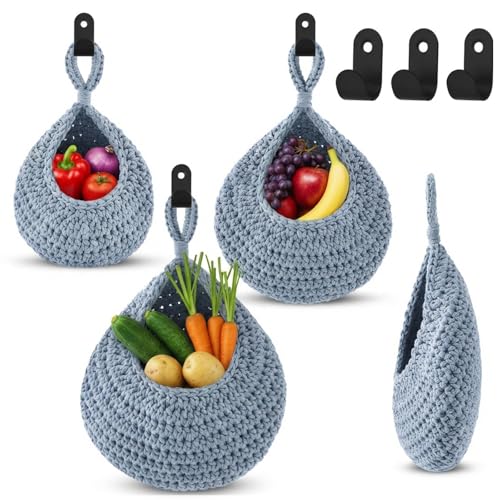 Image of Honeydak 3 Hanging Baskets, Light Blue, Teardrop, Cotton Rope