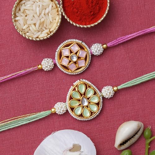 Image of eCraftIndia Set of 2 Multicolor Religious Om Symbol and Peacock Designer Rakhis with Roli Chawal Pack and Best Bro Ever Fridge Magnet - Rakhi for Brother