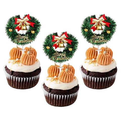 Xsstarmi 12 Pack Christmas Wreath Cupcake Toppers Cover
