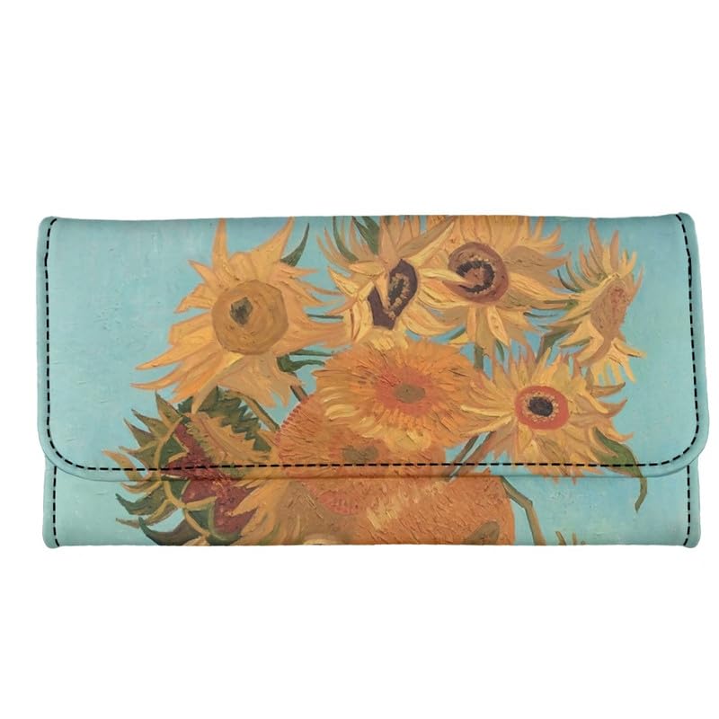 Sunflower Women's Clutch Wallet, Oil Painting Flowers PU Leather Large Capacity Trifold Wallet, Impressionism Art Long Slim Checkbook Wallet with ID Window4