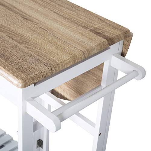 Breakfast Cart with Stools Wood Kitchen Island Cart with with Wheels Trolley Dining Table Stool Set with Folding Drop Leaf