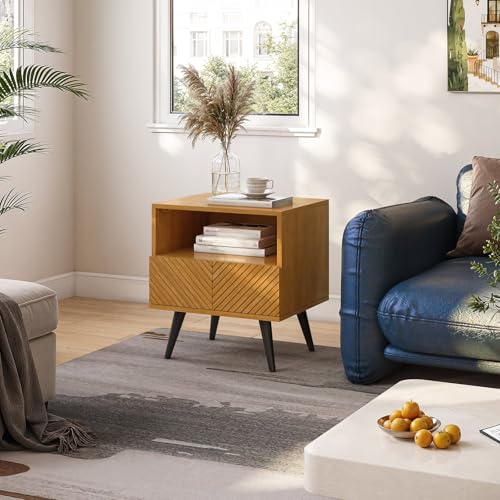 Image of Bme Rhombus Wooden Nightstand with Storage Drawer - Solid Rubber Wood, Geometric Rhombus Pattern Front, Modern Scandinavian Side Table with Metal Base for Bedroom