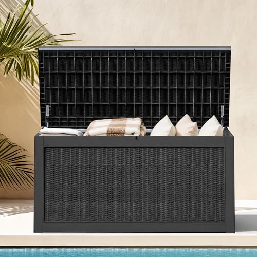 DWVO 320 Gallon Resin Outdoor Storage Box XXL Large Waterproof Deck Box Doubles as Table or Seating with 1000 lbs Capacity Lockable (Black)