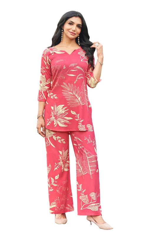 ODD BY chansi TRENDZ Women’s Traditional Pink Rayon Co-Ord Set | V Neck 3/4 Sleeve Ethnic Co-Ord Set | Short Kurti with Palazoo for Casual