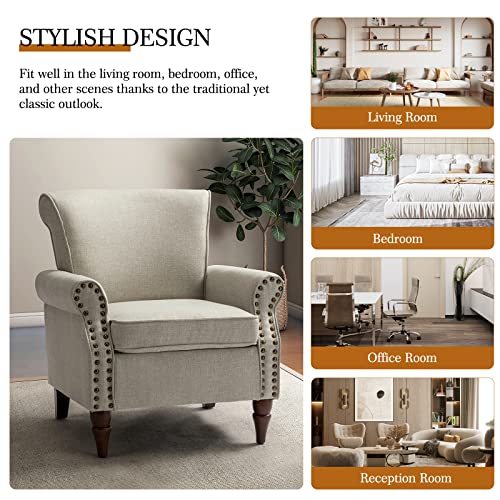 Hulala Home Modern Accent Chair With Wood Legs & Removable Cushion, Wingback Armchair With Nailhead Trim, Comfy Upholstered Lounge Chair Single Sofa Chair For Living Room Bedroom, Oatmeal #TOP5