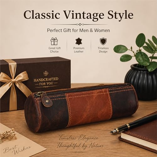 Image of Genuine Leather Pencil Pouch, Handcrafted Zipper Organizer Case with Wrist Strap, Durable Multi-Purpose Storage for Stationery, Travel & Accessories, 8 x 2.5- Brown