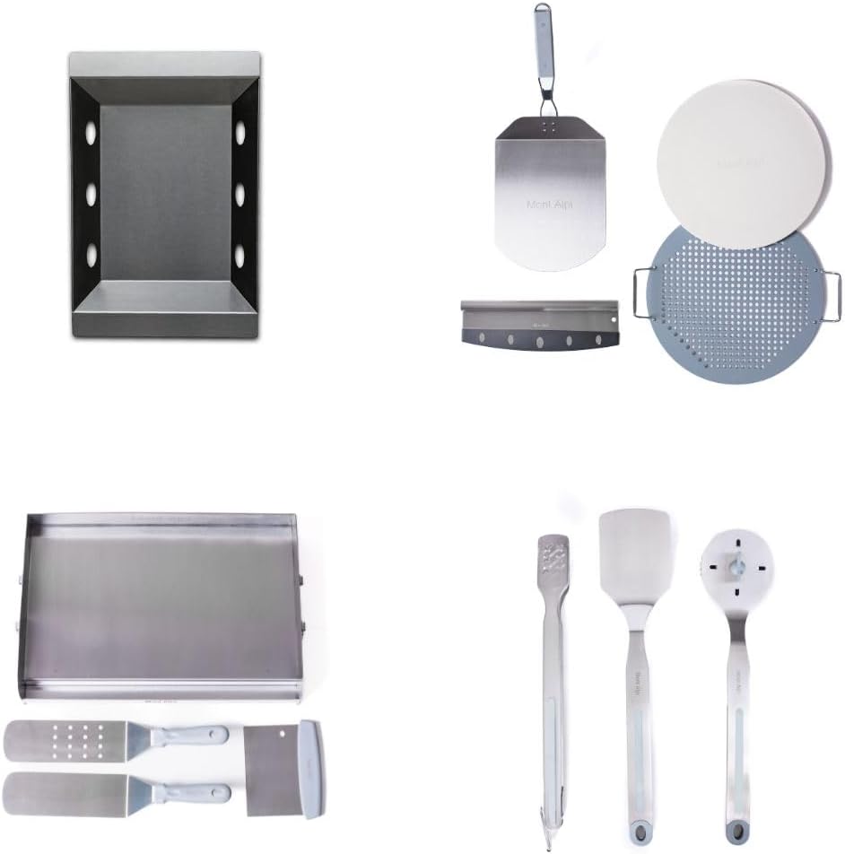 Mont Alpi Accessory Bundle for Outdoor Kitchen Island - Charcoal Tray | Flat Top Griddle + 2 Spatulas | Pizza Kit + Pizza Peel and Stone + Chicago Style Cutter | BBQ Tool Kit + Tongs and Grill Brush