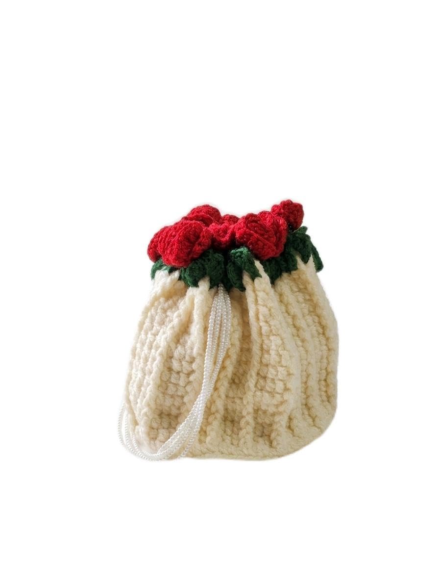 Crochet Bucket Bag with Red Rose Floral Top, Cream-image-19