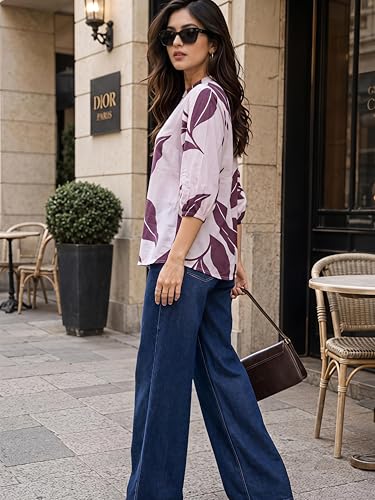 Image of NAINVISH Printed Top Short Sleeve Button Down V Neck Lightweight Soft Fabric Casual Office Summer Stylish Patterned Womens Comfort Fit Regular Top