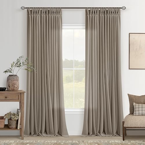 Image of Taupe Pinch Pleated Semi Sheer Linen Curtains 102 Inch Long for Living Room