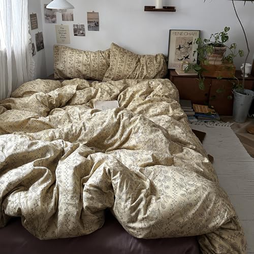 Image of MKXI Beige & Brown Vintage Floral Duvet Cover Set Twin Size - 3 Piece Soft&Breathable Boho Bedding Set with Geometric Patterns, 100% Cotton Aesthetic Duvet Cover with Zipper Ties & Pillowcases