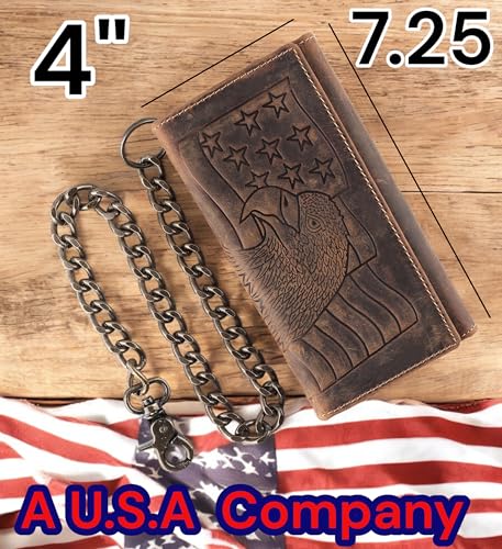 Image of F&L CLASSIC RFID Blocking Mens Tri-fold Long Style Cowhide Leather Steel Chain Wallet,brown eagle /flag,212-101