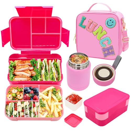 Pink Lunch Box for Girls with 10oz Thermo, with 6 Compartment Bento Box, Nylon Insulated Lunch Bag Adjustable Strap for Girl Kids Teens School Travel Picnic