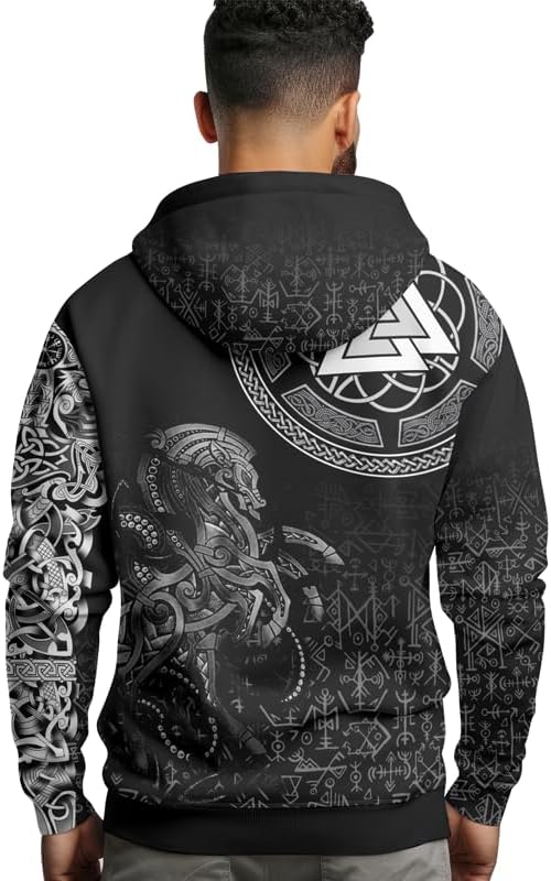 Viking Tatoo Hoodie Men’s Long Sleeve Graphic 3D Print Pullover Hooded Viking Apparel Sweashirt Hoodies