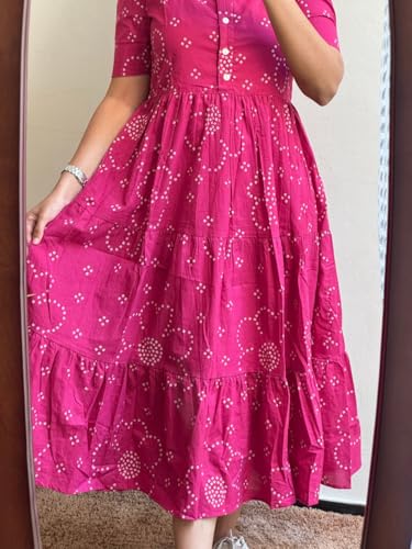 Image of Women's Pink Bandhani Print Tiered Maxi Dress, Short Sleeve, Square Neck, Cotton
