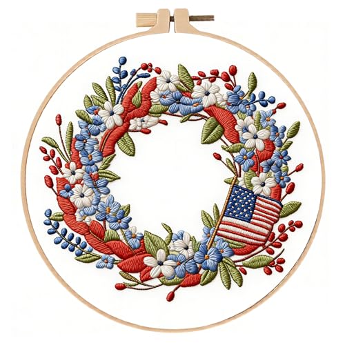 JJFox Embroidery Kit for Beginners & Adults, DIY Hand Embroidery Starter Kit with Cute Pattern, Cross Stitch Kit with Bamboo Hoop, Threads, Needles & Instructions (Independence Day Wreath)