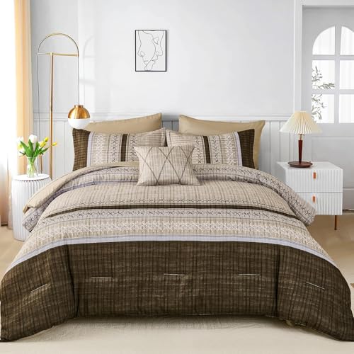 Image of Dintszyayue Brown Comforter Set Full Size, 8 Pieces Boho Striped Bed in a Bag Soft Microfiber Bedding Set for All Season