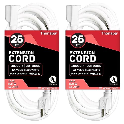 Thonapa 2 Pack White Extension Cord 25 ft, 16/3 SJTW Weatherproof Indoor & Outdoor Extension Cord 3 Prong Grounded Plug, Heavy Duty Power Cable Great for Home, Office, Outdoor Lights, US Veteran Owned