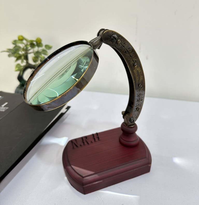 Vintage Map Reader Antique Desk Magnifying Glass with Wooden Stand Lens Brass Foldable 9 x 6 Inches Office Tables Work Desk