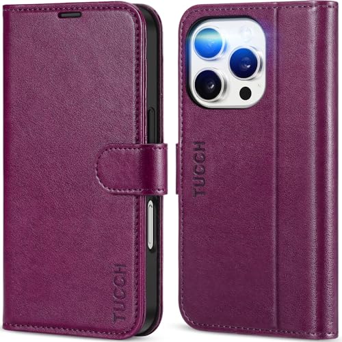 Coque iPhone 16 Pro TUCCH Violet Prune, Étui Portefeuille en Cuir avec Blocage RFID
