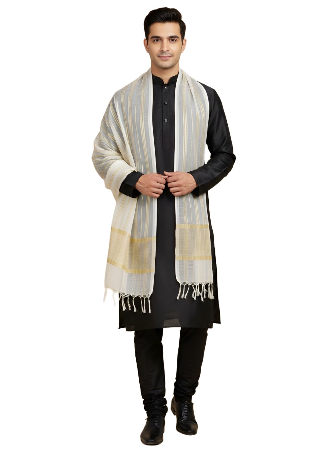 muffly White Men Self Design Cotton Dupatta (Free Size) (WHITE)-picture-16