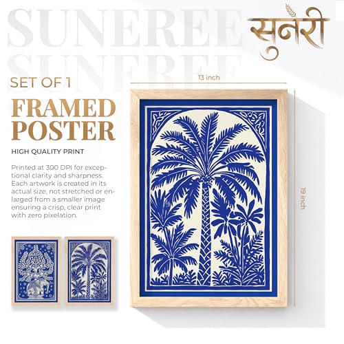 Image of Suneree Blue White Elephant Tree of Life Wall Art Painting | Set of 2 Framed Paintings | Indian Folk Art Decor for Living Room Bedroom Home Office | (ART 10, 13x19 INCHES)