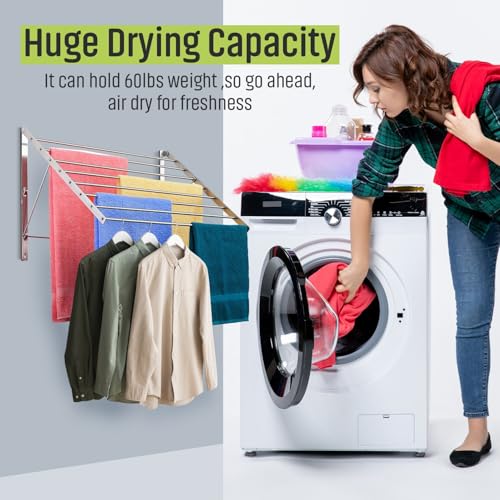 Smartsome-Wall-Mounted-Clothes-Drying-Rack-30-Wide-20-Linear-Feet-Capacity-8-Smooth-Round-Stainless-Steel-Rods-60-lb-Capacity-Fully-Assembled-Compact-Sturdy-Space-Saving-Design Smartsome Wall Mounted Clothes Drying Rack 30 Wide 20 Linear Feet Capacity 8 Smooth Round Stainless Steel Rods 60 lb Capacity Fully Assembled Compact Sturdy Space Saving Design