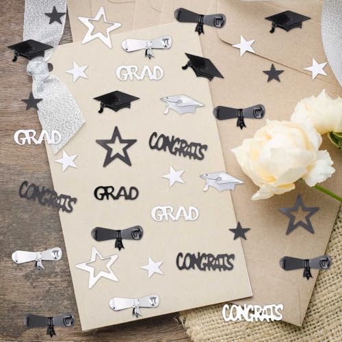 Image of Silver and Black Graduation Confetti 2026, 1000 Pcs Congrats Grad Confetti Class of 2026 Party Table Centerpiece for 2026 Graduation Party Decorations