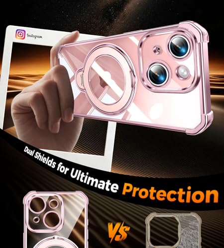Image of Soft Case for iPhone 15 with 360 Rotating Magnetic Stand, Compatible with Mag-Safe, 4X MIL-Drop Protection, Lightweight Glossy Anti-Yellowing Clear Back Phone Cover for iPhone 15 6.1 inch, Pink