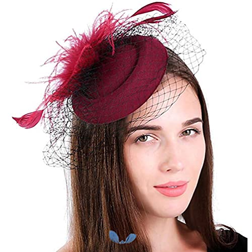 Qinju Kentucky Derby Chapeau bibi pour femme avec voile et plumes britanniques, rouge vin, Taille M Cover