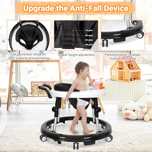 music and lights baby walker foldable with 9 adjustable heights baby walker with wheels portable infant toddler walker for baby boy girls 6-18 months