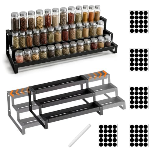 Adjustable 3-Tier Spice Rack – Expandable Metal Spicy Shelf Organizer | 14.5″-26.2″ spice organization for cabinet,Includes 100 Labels, Slip-Resistant Design,Wall Mountable for Pantry & Kitchen