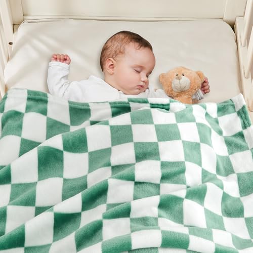 Image of Yurhap Checkered Baby Blanket Fleece Baby Blankets for Boys, Ultra Soft Cozy Fluffy Infant Toddler Newborn Receiving Gifts for Crib Stroller, 30x40 Inch, Jade Green