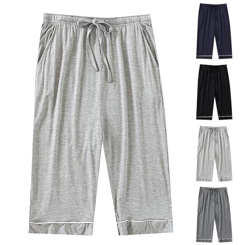 Men's Capri Pants Cotton 3/4 Trousers Cropped Pants Mens Pant with Pockets Drawstring Jogger Sweatpants Elasticated Waist Lounge Wear Loose Bottoms Holiday Activewear Gray