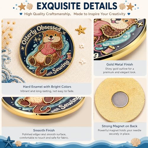Image of Funny Otter Needle Minder Magnet, Magnetic Sewing Accessory with inchOtterly Obsessed with Sewing inch Design, Cute Holder for Embroidery, Needlepoint & Cross Stitch Projects