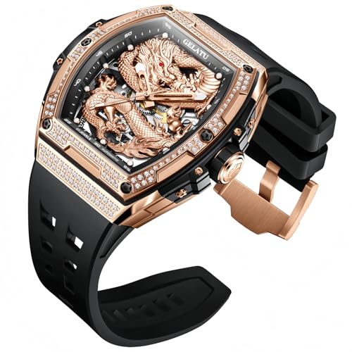 Image of OLEVS Rose Gold Black Watches for Men Automatic Tonneau Watch Skeleton Mechanical 50M Waterproof Sapphire Crystal Square Male Watches