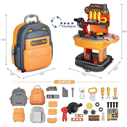 FREE TO FLY Toddler Toys Kids Tool Kits: 2 in 1 Transformable School Bag & Workbench, 31 Pieces Brick Blocks Work Shop Toy Set for Preschool Boys Girls,
