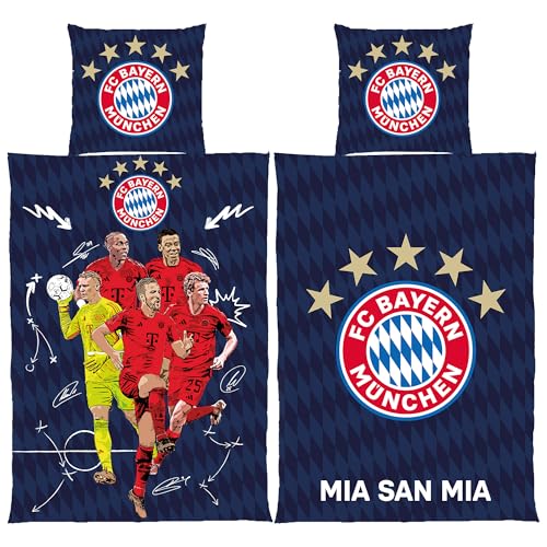 FC Bayern München Wende-Bettwäsche Player 135 x 200 + 80 x 80 cm 100% Baumwolle Linon Fußball FCB Deutscher Rekord-Meister Mia san Mia Fußball...