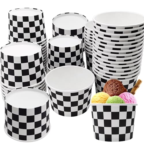 50 Pcs Checkered Cup Disposable Ice Cream Sundae Bowls Race Car Party Favors Paper Ice Cream Cups Checkered Snack Cups