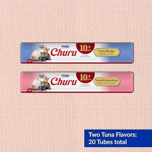 Image of INABA Churu for Senior 10+, Creamy Lickable Cat Treats with Taurine, Vitamin E & C, 0.5 Ounces Each, 20 Tubes, Tuna Variety