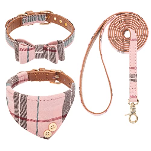Image of EXPAWLORER Dog Collar and Leash Set - Classic Plaid Dog Bow Tie and Dog Bandana Collar, Dog Leash Tangle Free, Adjustable Collars for Small Medium Large Dogs Cats, Holiday Ideal Gift