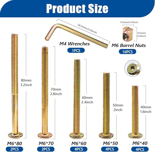 Taiss 16 Stück goldene Möbelschraube mit Zylindermuttern Set M6x40mm/50mm/60mm/70mm/80mm Babybett Schrauben, Bettschraube sechskant Kit,Flachkopfschrauben M6, hülsenschrauben für Babybetten.