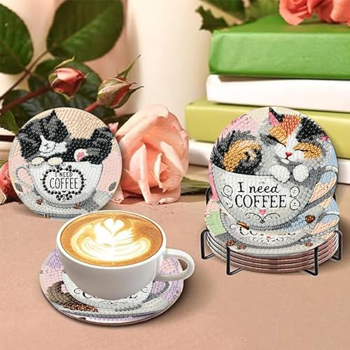 8 PCS Coffee Diamond Art Coasters Kits Cats Diamond Painting Coasters by Aestalrcus - Used condition - Image 2