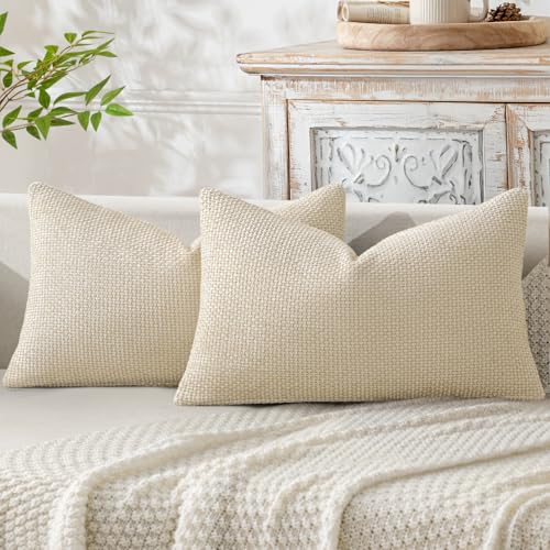 Image of MIULEE Pack of 2 Lumbar Couch Throw Pillow Covers 20x12 Inch Neutral Cream Modern Boho Accent Decorative Pillow Covers Soft Chenille Farmhouse Cushion Covers for Home Decor Bed Sofa Living Room