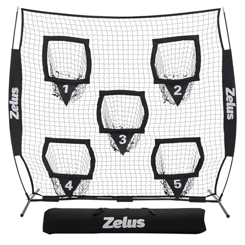 ZELUS 6 x 6ft Football Throwing Net, Quarterback Training Equipment with 5 Target Pockets, Football Practice Throwing Passing Accuracy Trainer with Carry Bag Ground Stakes, Black by ZELUS - Used condition - US$46.89