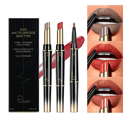 3 Pcs Dual Heads Matte Moist Lipstick Long Lasting Waterproof Matte Lip Liner Pencil Set (Ax 03)