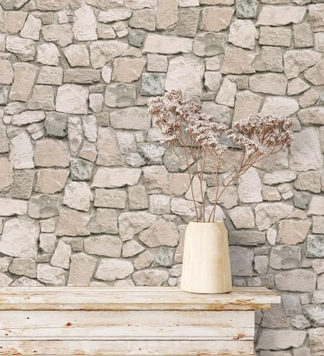 GAULAN 453841 - Papel pintado efecto textura de muro de piedra beige rústico con textura para pared salón dormitorio pasillo comedor - Rollo de 10 m x 0,53 m