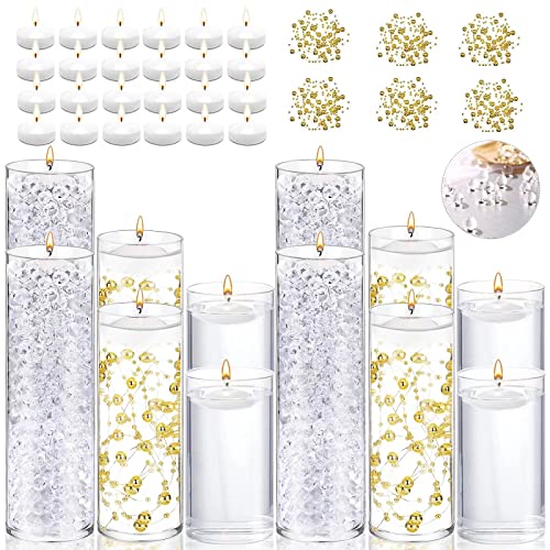 Udu 12 Pcs Clear Cylinder Glass Vases Multiple Size For Centerpieces With 24 Pcs White Floating Disc Candles 8 Packs Clear Water Filler Gel Beads 6 Pcs Pearl String For Wedding Party Home Decoration #TOP8
