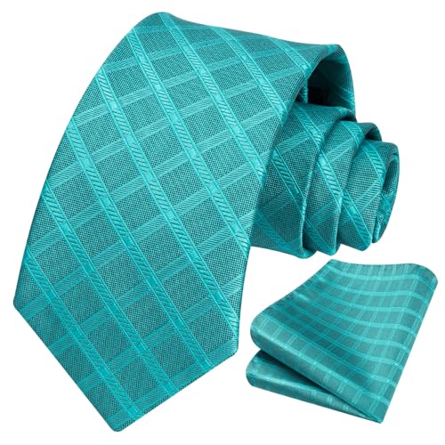 Image of HISDERN Ties for Men Plaid Checkered Tie with Pocket Square Woven Business Formal Necktie Handkerchief Set Wedding Party