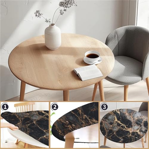 COTAIL Round Fitted Tablecloth with Elastic Edge Design Table Cover Waterproof Table Cloth Stain-Resistant for 53"-60" Round Table for Dining, Picnic, Party, Decor, Outdoor, Black Marble by COTAIL - Used condition - Image 3